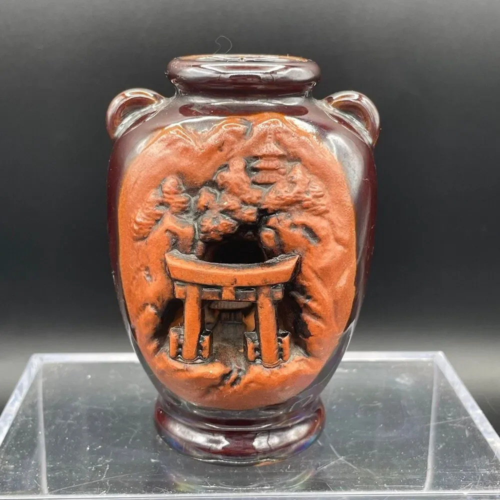 Vintage Japanese Banko Ware Carved Relief Vase Torii Gate Pine Tree